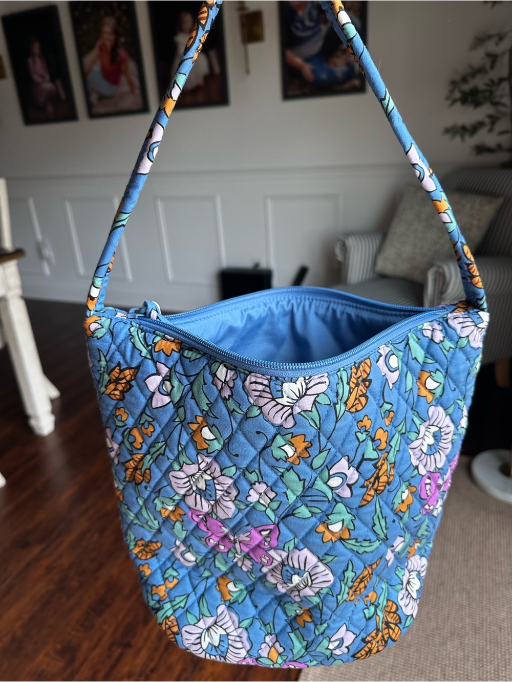Vera Bradley Blue Floral Quilted Bucket Shoulder Bag